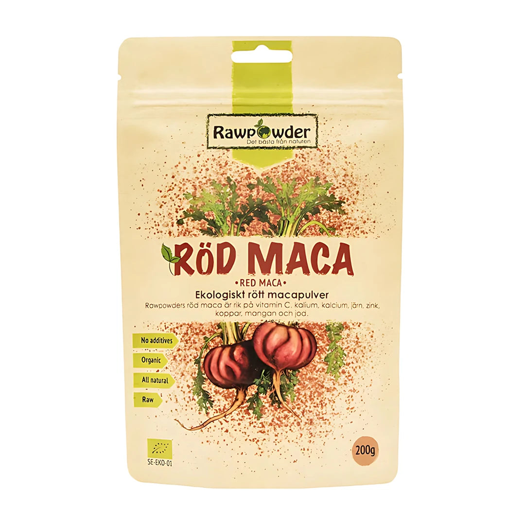 Rawpowder Röd Maca 200 g ekologiskt macapulver i en ljusgul påse med illustration av röda macarötter., bild 1 av 1