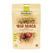 Vaaleankeltainen pussi Rawpowder Röd Maca 200 g -luomumacajauhetta, jossa on kuvitus punaisista macajuurista.
