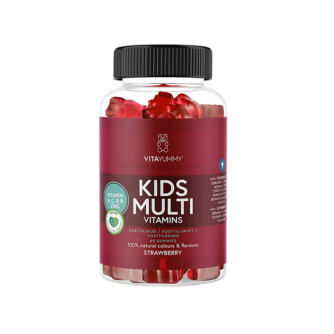 VitaYummy Kids Multivitamin 60 pcs kirkkaassa muovipurkissa, jossa on tummanpunainen etiketti ja punaisia vitamiininalleja., kuva 1/1