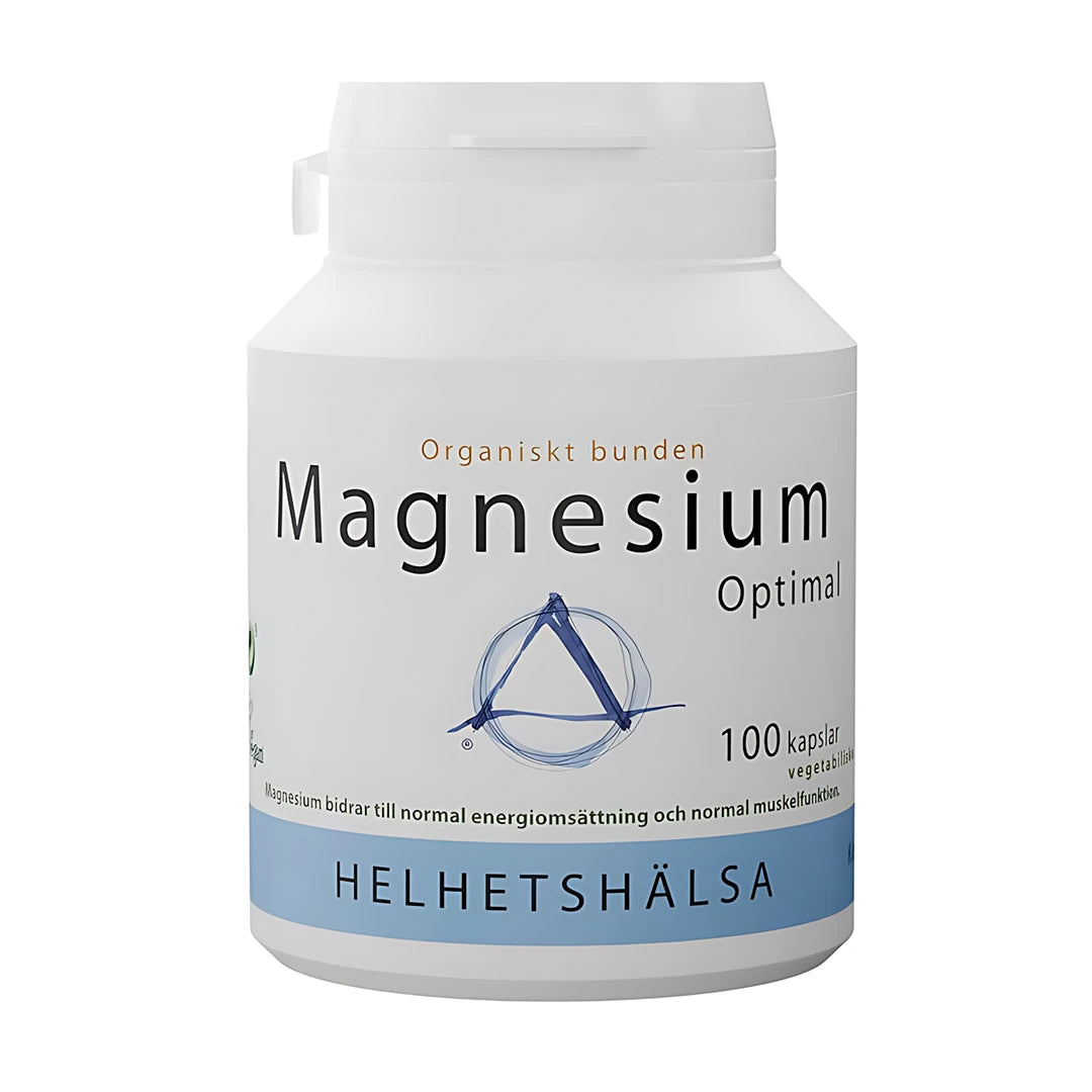 Helhetshälsa Magnesium Optimal 100 caps valkoisessa purkissa sinisillä yksityiskohdilla normaalin lihastoiminnan tueksi., kuva 1/1