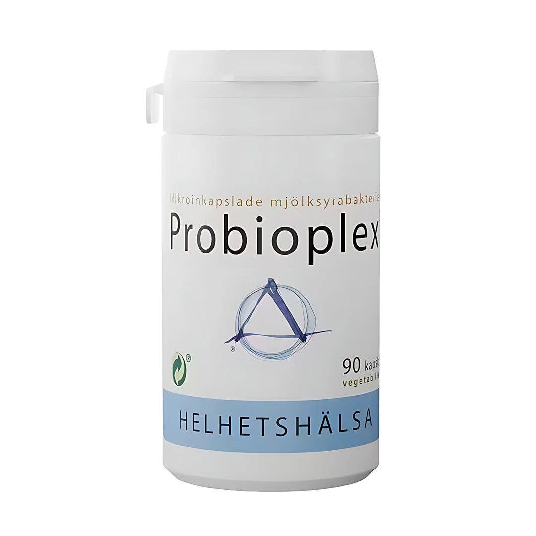 Helhetshälsa Probioplex 90 caps -maitohappobakteerit valkoisessa purkissa, jossa on vaaleansinisiä yksityiskohtia.