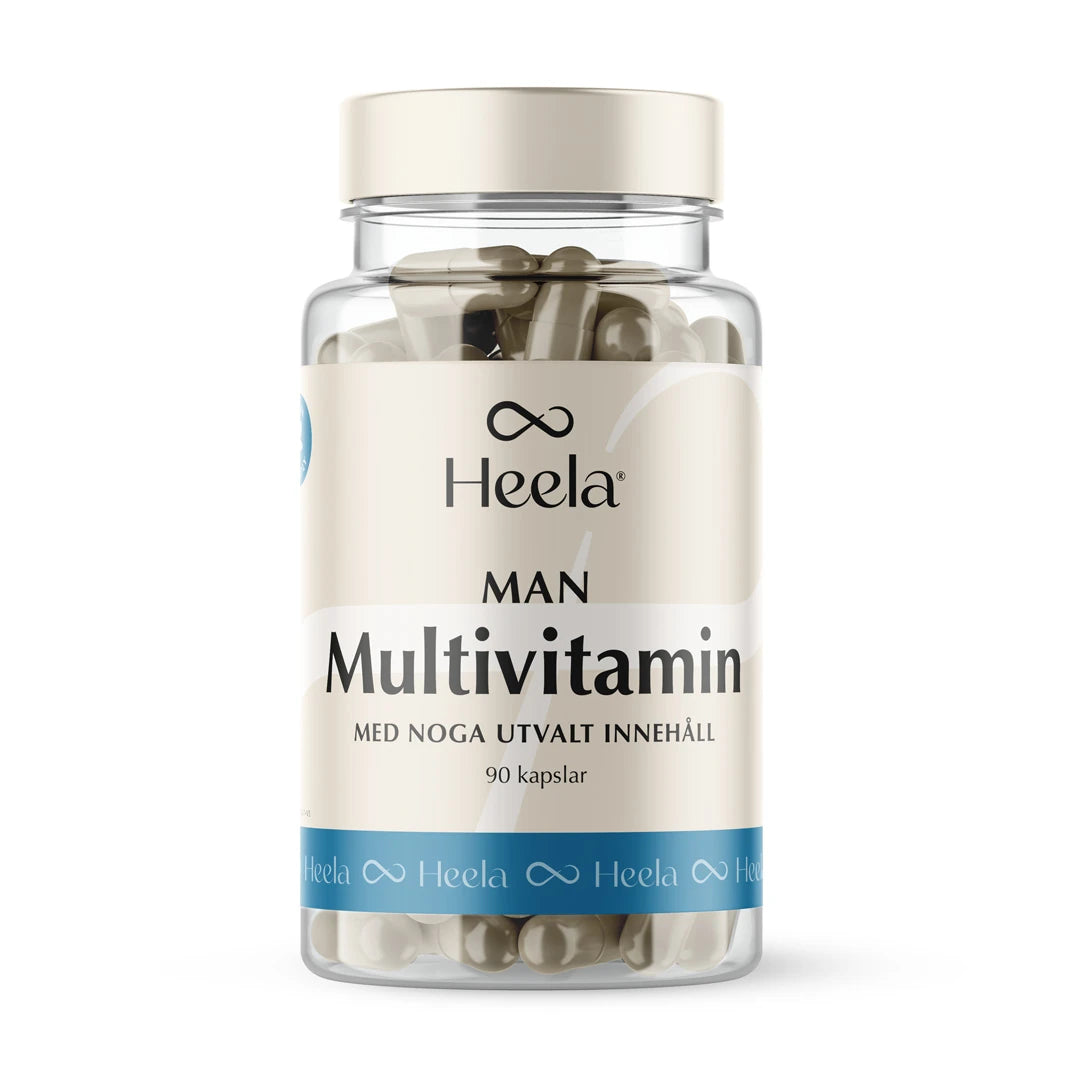 Heela Multivitamin Man 60 caps läpinäkyvässä muovipurkissa, jossa on vaaleanbeige ja sininen etiketti sekä vaalea kierrekorkki., kuva 1/1