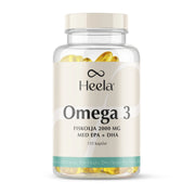Heela Omega 3 - 135 caps -kalaöljyä läpinäkyvässä purkissa, jossa on vaalea etiketti ja keltaisia geelikapseleita.