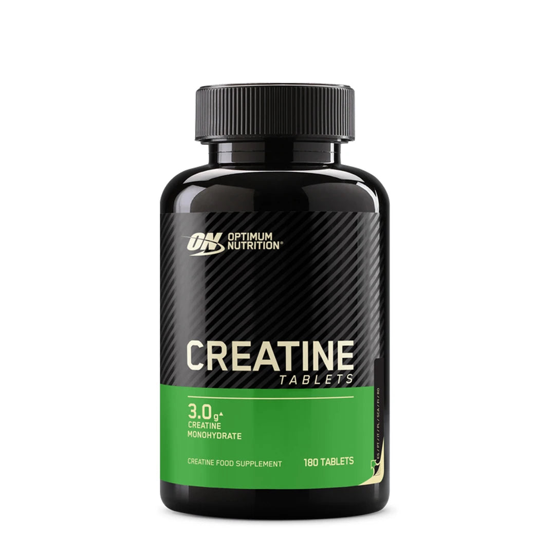 Optimum Nutrition Creatine Tablets 180 tabs mustassa purkissa, jossa on vihreä etiketti., kuva 1/1