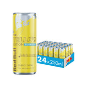24 x Red Bull 250 ml Summer Edition Sugarfree - Sudachi Lime sinisessä laatikossa täynnä kelta-hopeisia tölkkejä.