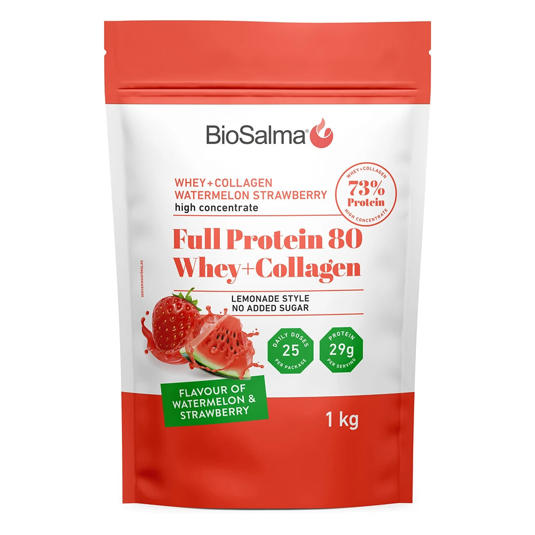 BioSalma Full Protein 80 Whey+Collagen Watermelon Strawberry 1 kg -proteiinijauhe valkopunaisessa pussissa., kuva 1/1