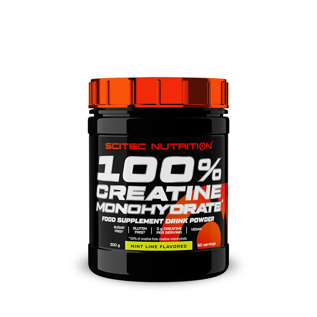 Scitec Nutrition 100% Creatine Monohydrate 300 g -kreatiinijauhe mustassa oranssikantisessa purkissa, makuna Mint Lime., kuva 1/1