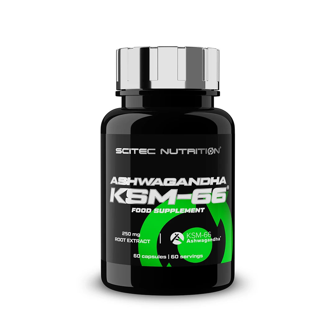 Scitec Nutrition KSM-66® Ashwagandha 60 caps mustassa purkissa, jossa on vihreitä ja valkoisia yksityiskohtia., kuva 1/1