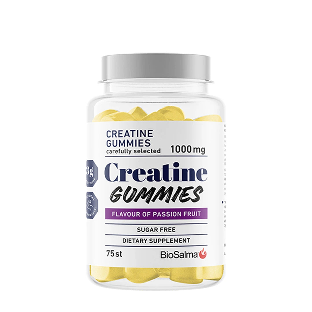 Biosalma Creatine Gummies 1000 mg Passion Fruit läpinäkyvässä purkissa, täynnä keltaisia gummies-karkkeja., kuva 1/1