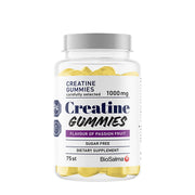 Biosalma Creatine Gummies 1000 mg Passion Fruit läpinäkyvässä purkissa, täynnä keltaisia gummies-karkkeja.