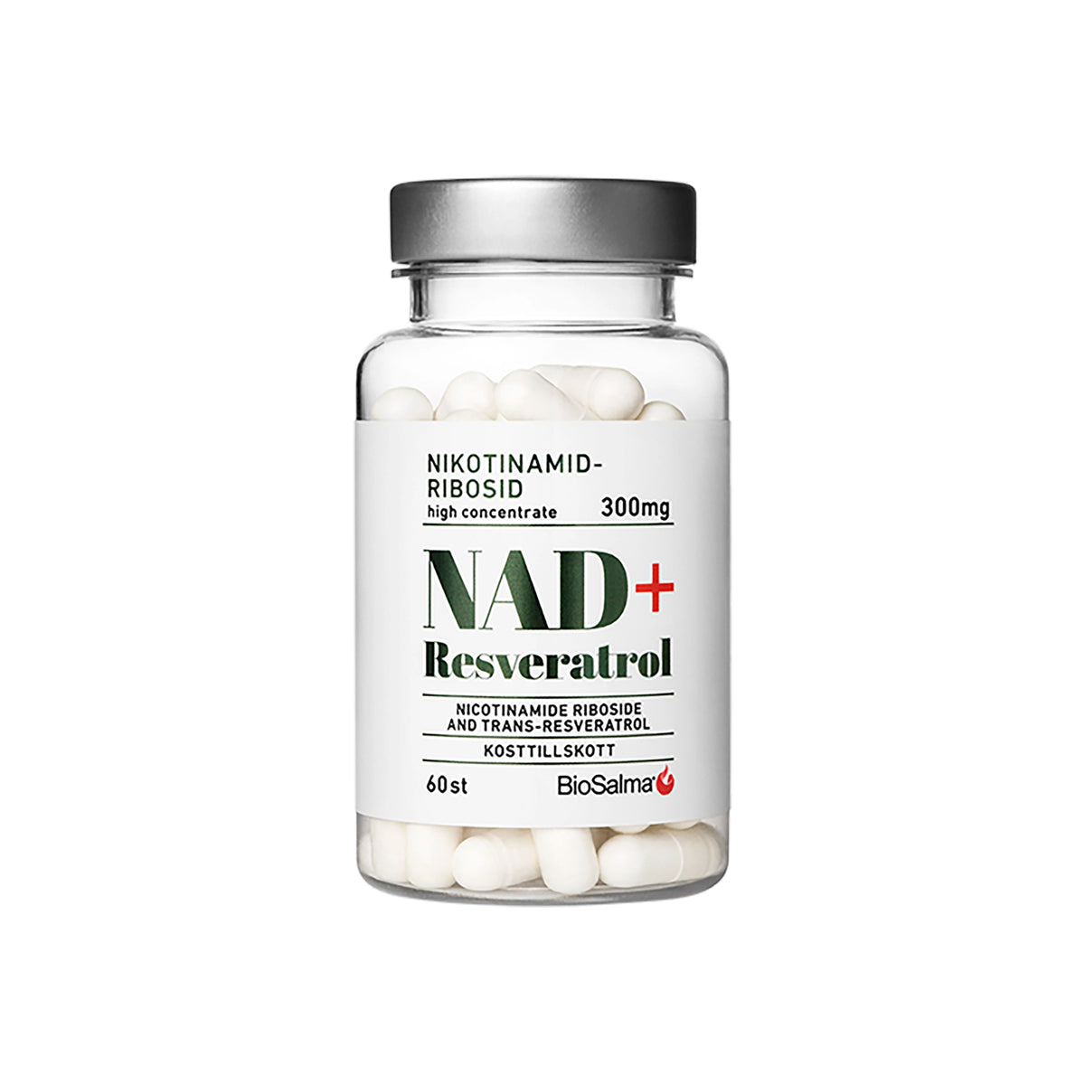 BioSalma NAD+ 300mg +Reservatrol 60 caps -ravintolisä läpinäkyvässä purkissa, jossa on hopeinen kansi ja valkoinen etiketti mustalla ja vihreällä tekstillä., kuva 1/1
