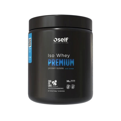 Musta purkki Self Omninutrition Iso Whey Premium 800 g -proteiinijauhetta maussa White Chocolate Strawberry., kuva 1/1