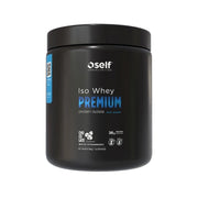 Musta purkki Self Omninutrition Iso Whey Premium 800 g -proteiinijauhetta maussa White Chocolate Strawberry.