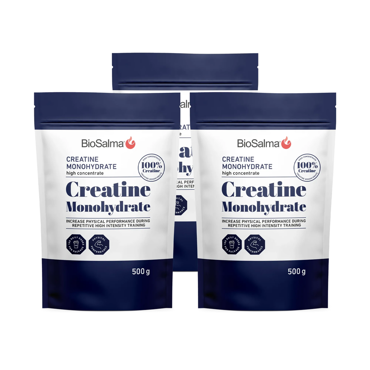 3 x BioSalma Creatine Monohydrat 500 g -kreatiinijauhe kolmessa valkoisessa ja tummansinisessä pussissa., kuva 1/1