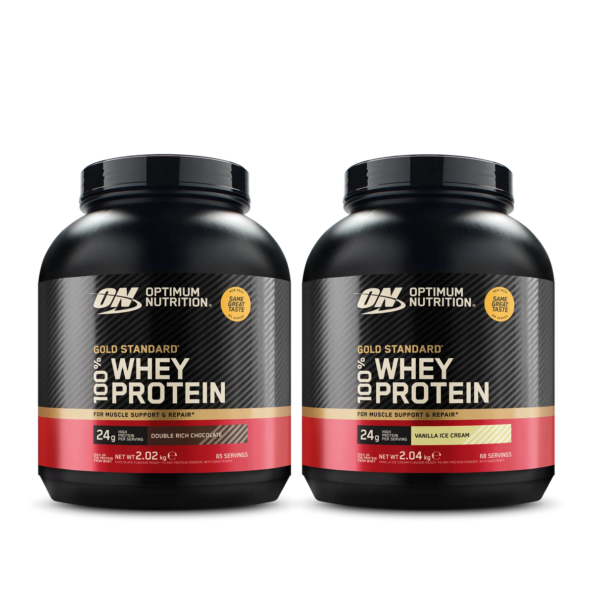 2 x Optimum Nutrition 100% Whey Gold Standard 2 kg -proteiinijauhe kahdessa mustassa purkissa punaisilla ja kultaisilla yksityiskohdilla., kuva 1/1