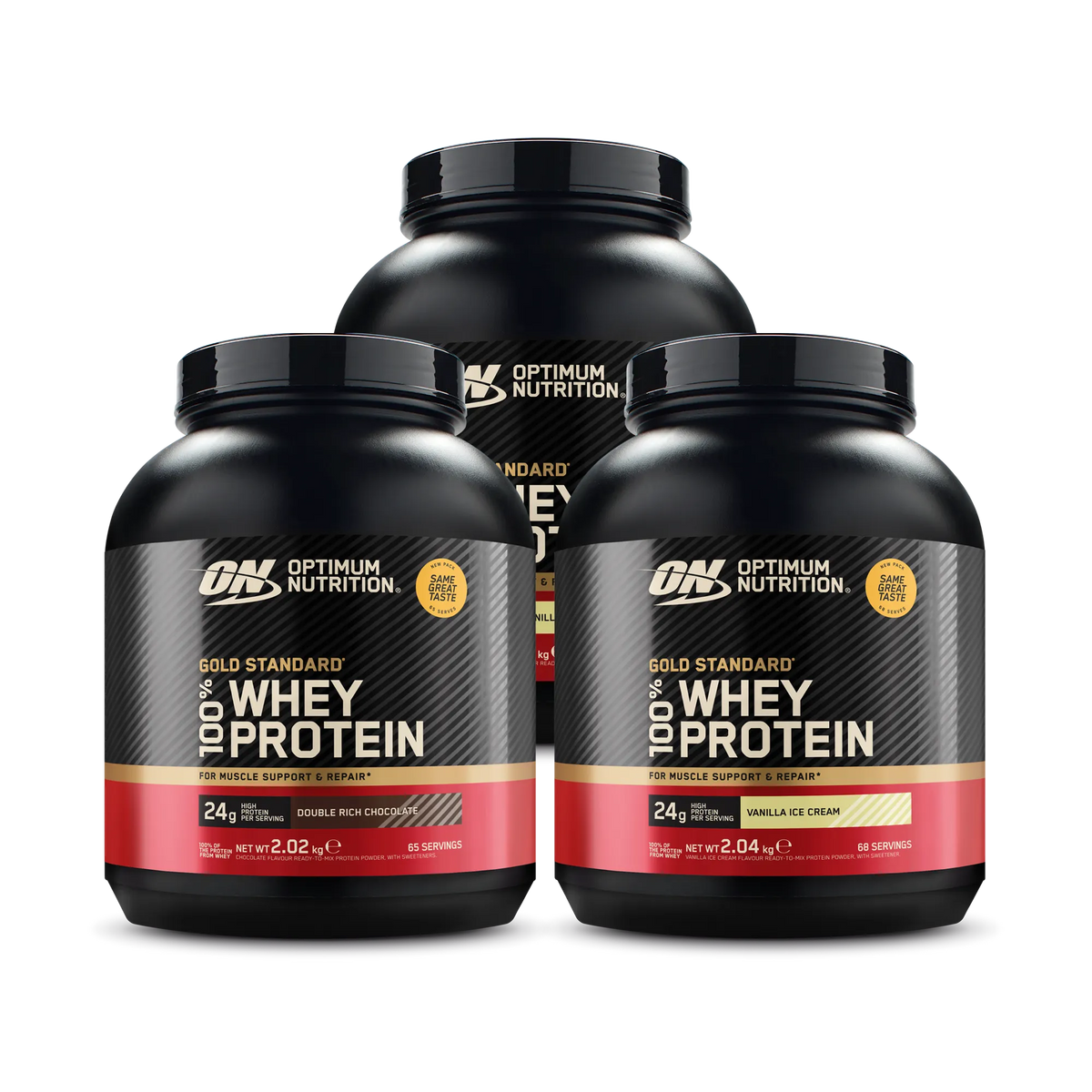 3 x Optimum Nutrition 100% Whey Gold Standard 2 kg -proteiinijauhe mustissa purkeissa punakultaisilla yksityiskohdilla.