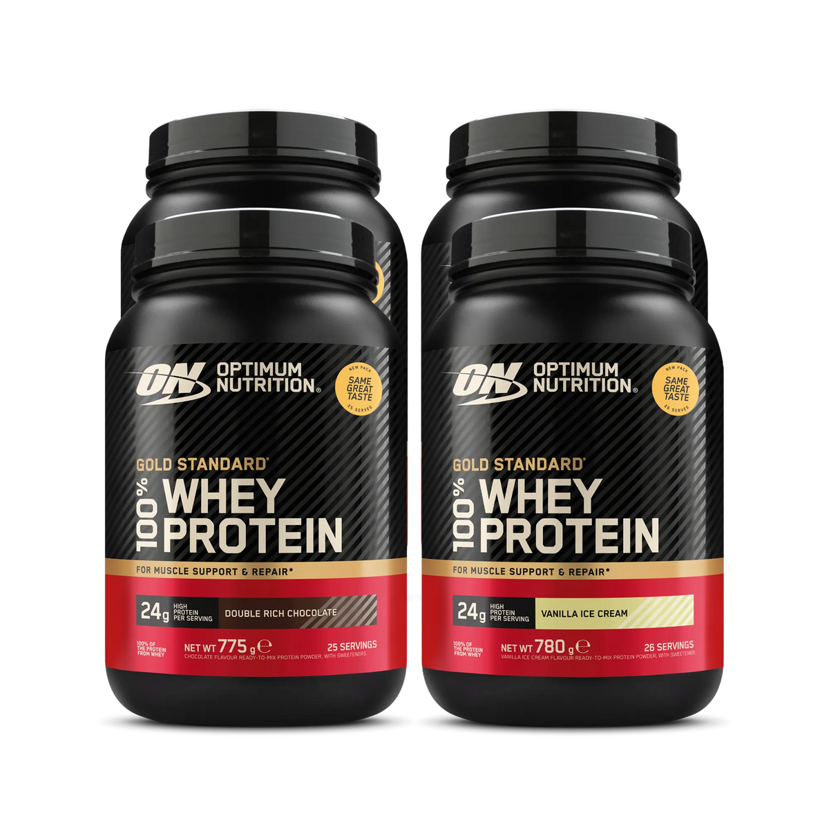 4 x Optimum Nutrition 100% Whey Gold Standard 775 g -proteiinijauhe mustissa purkeissa punaisin ja kultaisin yksityiskohdin., kuva 1/1
