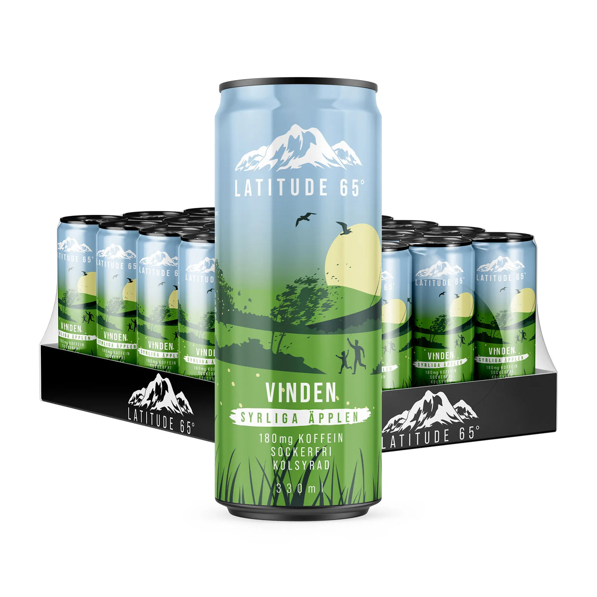 24 x Latitude 65 330 ml Vinden - Syrliga äpplen -energiajuomaa vaaleansinisissä ja vihreissä tölkeissä mustalla alustalla., kuva 1/1
