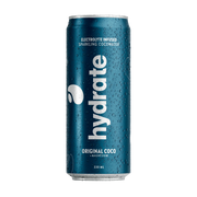 Hydrate 330 ml kokosvatten i en mörkblå metallburk med vattendroppar för smaken Original Coco.