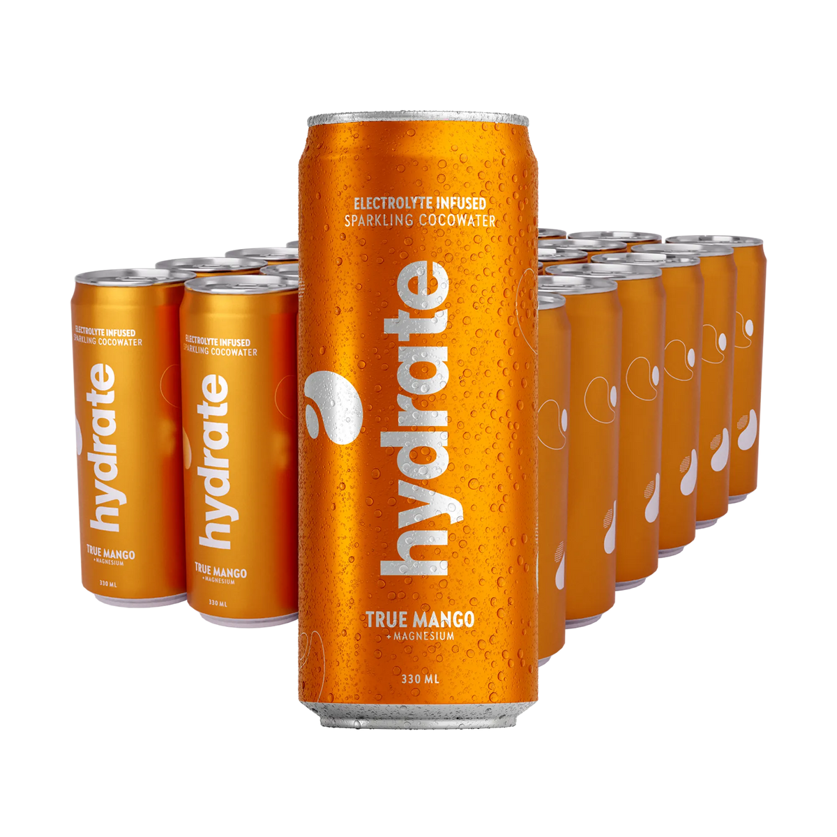 24 x Hydrate 330 ml True Mango -lava oransseja tölkkejä, jotka on peitetty kondenssivedellä ja hopeisella tekstillä., kuva 1/1