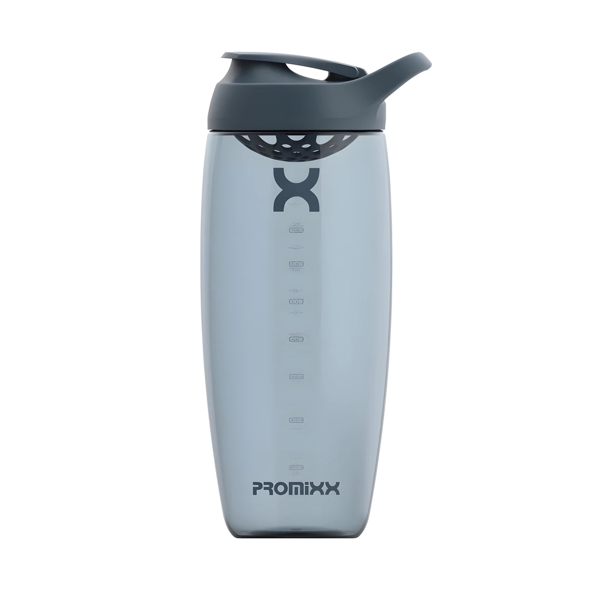 Harmaa läpinäkyvä ProMixx Pursuit Shaker Bottle 950 ml tummanharmaalla urheilukorkilla ja kantolenkillä., kuva 3/4