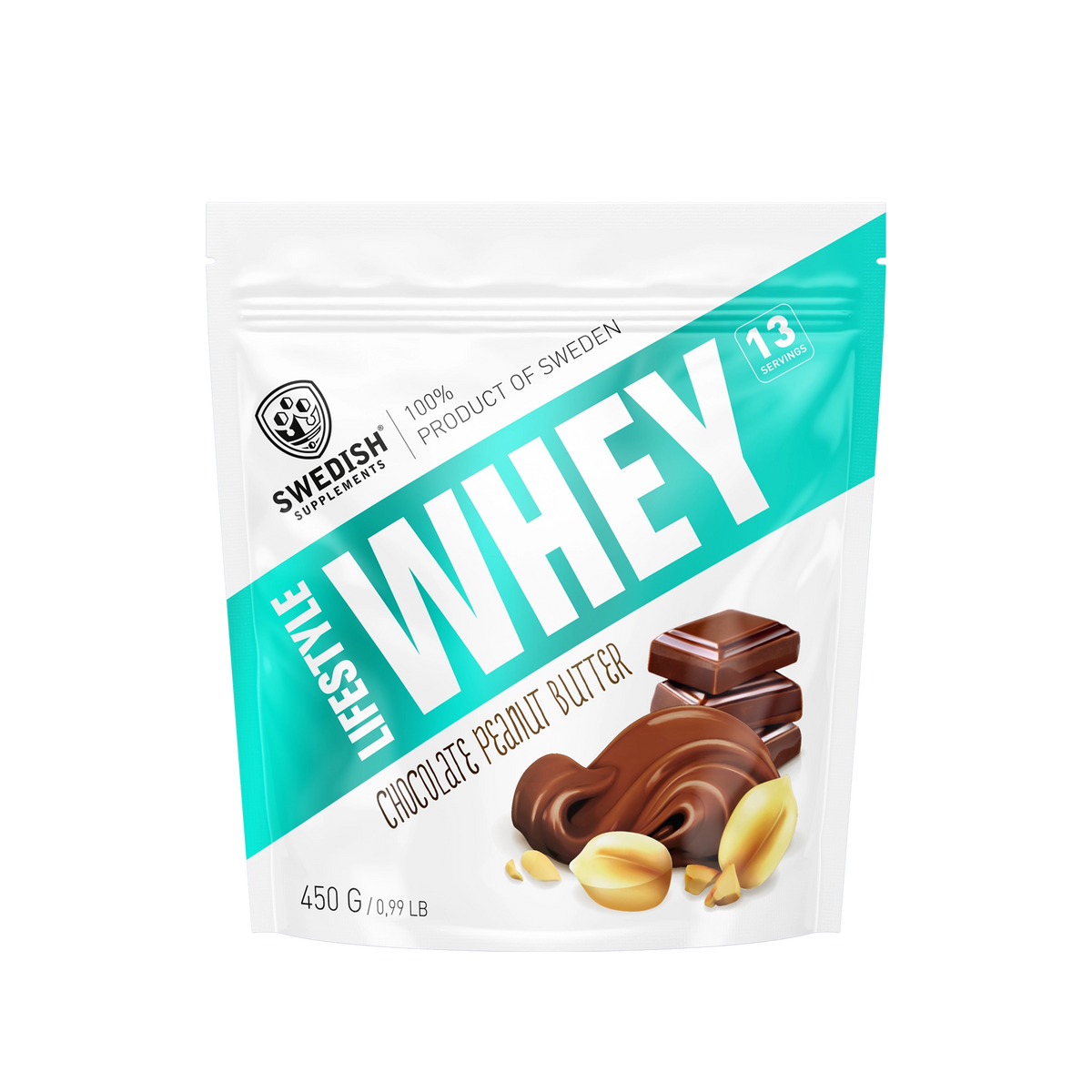 Swedish Supplements Lifestyle Whey 450 g -proteiinijauhe valko-turkoosissa pussissa, makuna Chocolate Peanut Butter., kuva 3/8