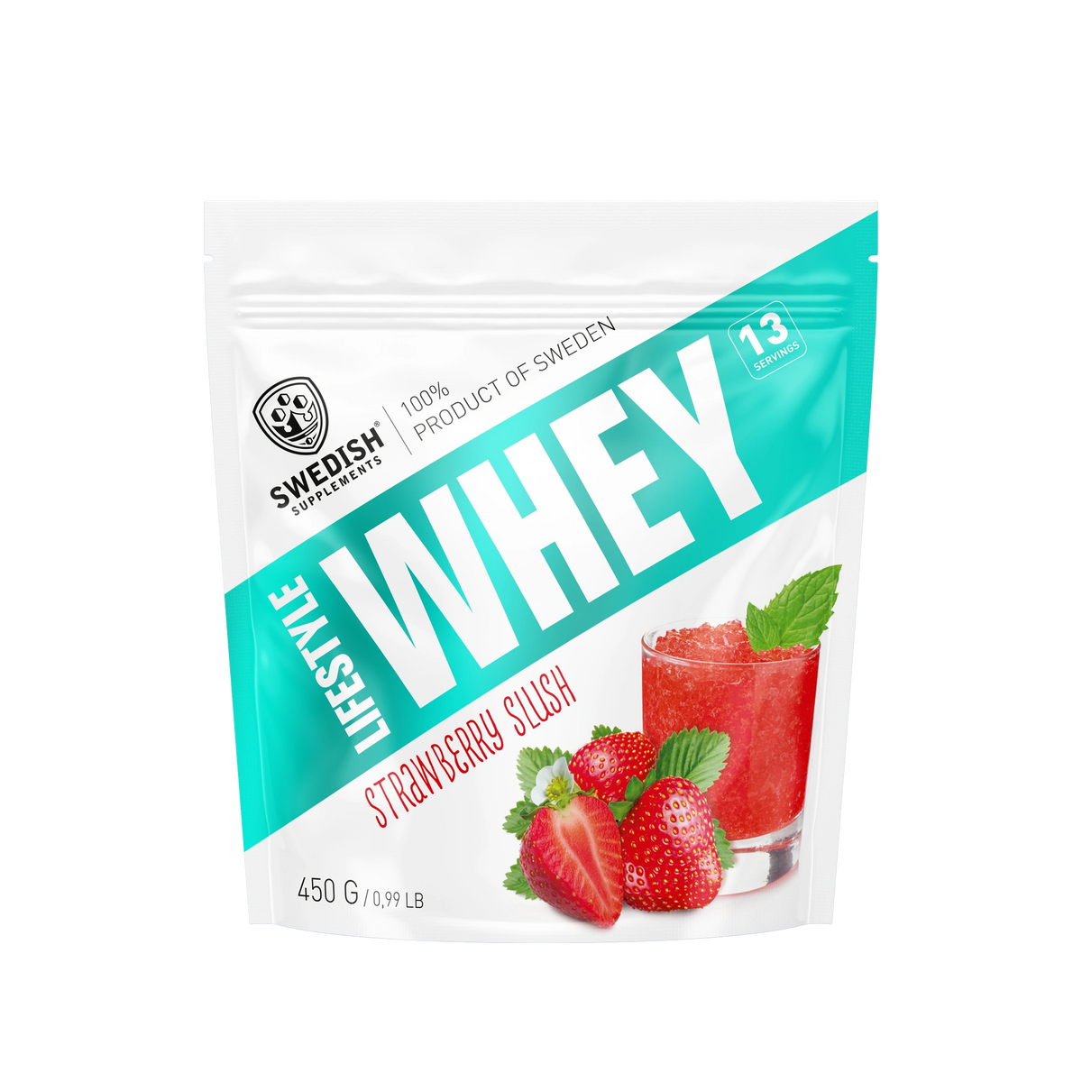 Swedish Supplements Lifestyle Whey 450 g -proteiinijauhe valko-turkoosissa pussissa, makuna Strawberry Slush., kuva 5/8
