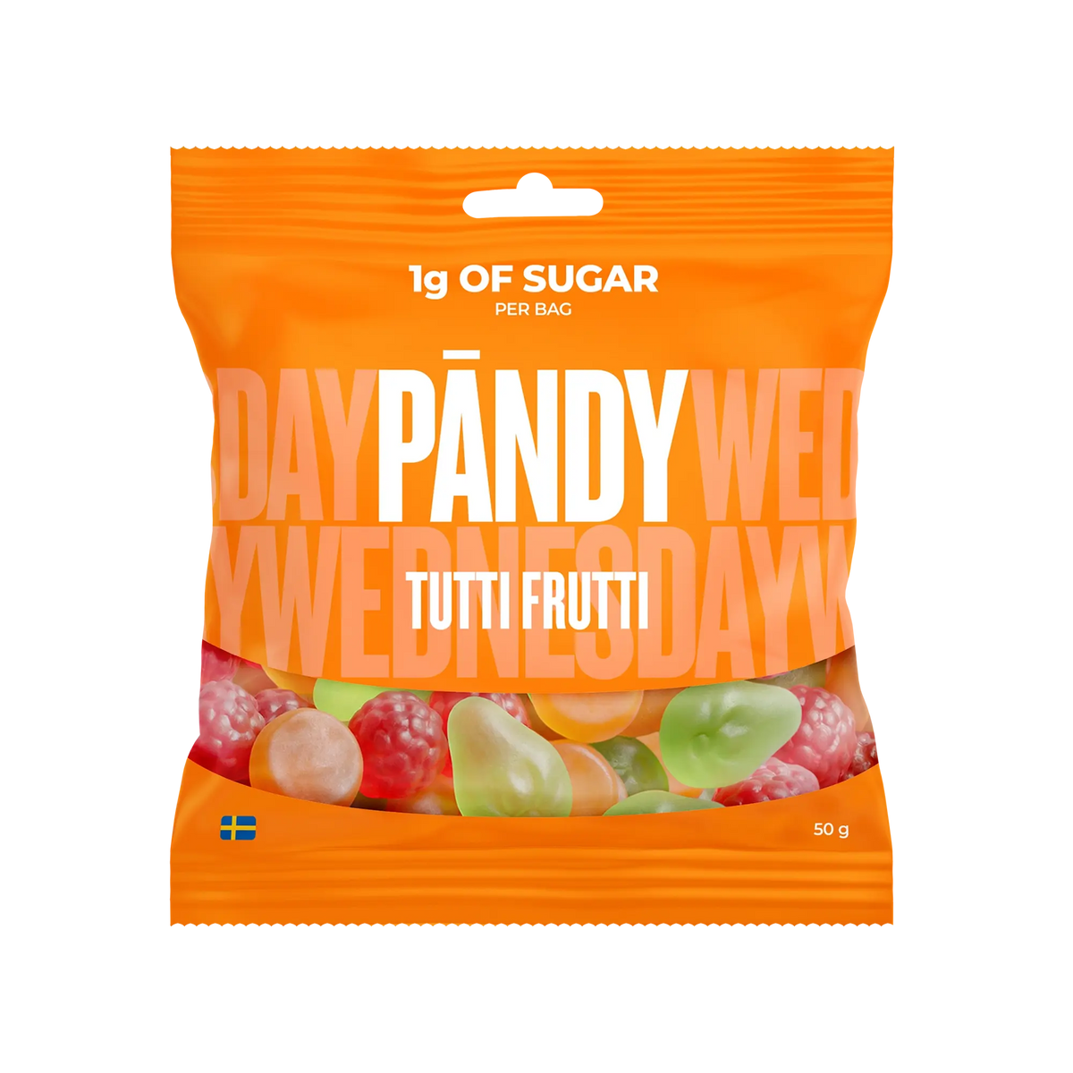 Pändy Candy 50 g Tutti Frutti oranssissa pussissa, jossa on kuva värikkäistä hyytelökarkeista., kuva 1/1