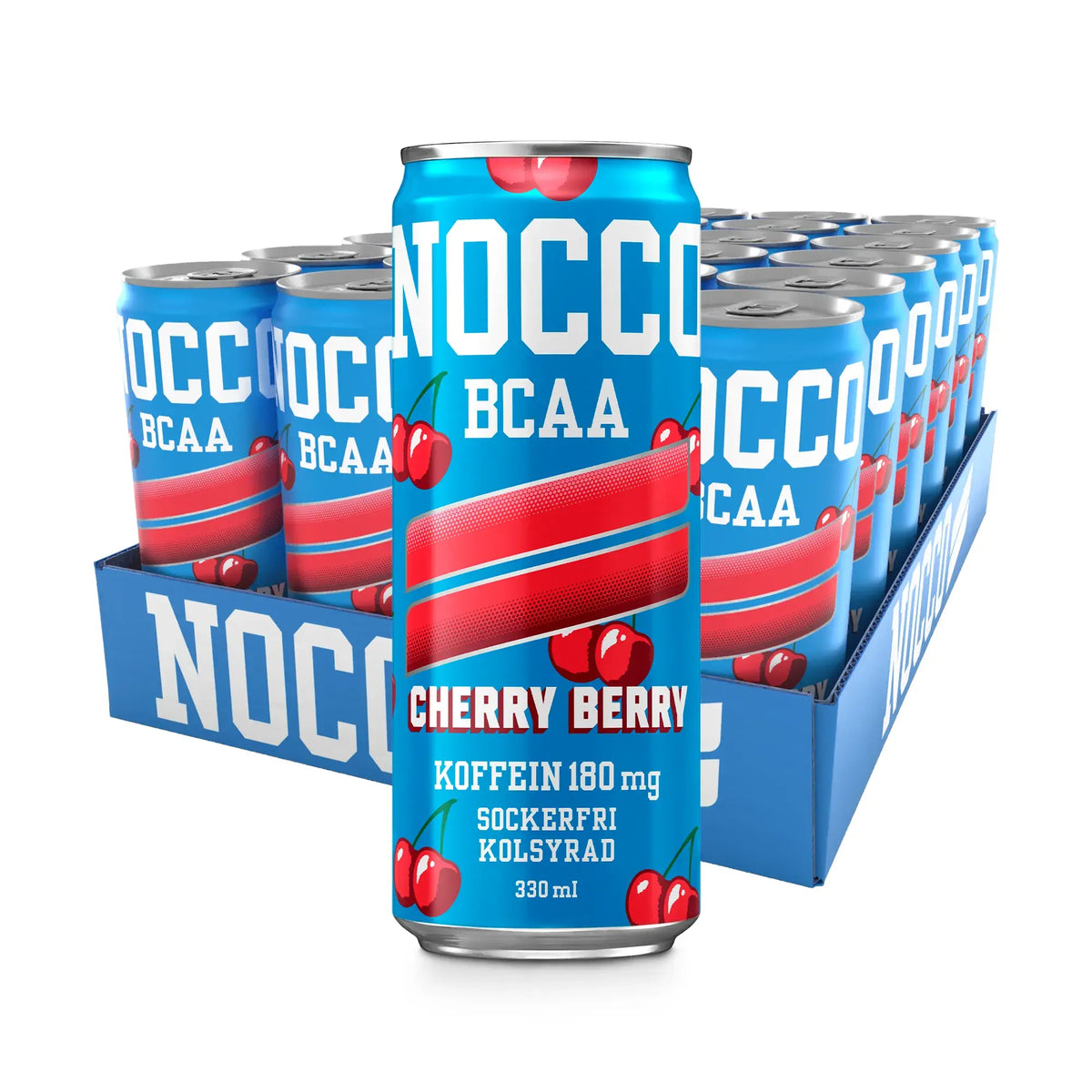 24 x NOCCO BCAA 330 ml Cherry Berry lavassa vaaleansinisillä tölkeillä ja punaisilla kirsikkakuvioilla.