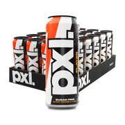 24 x PXL Energy 500 ml Player One energidryck i ett flak med vita, svarta och orangea burkar för smaken blodapelsin.