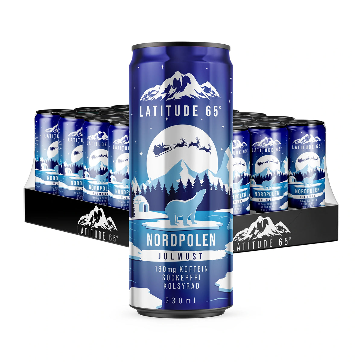 24 x Latitude 65 330 ml Nordpolen - Julmust -hiilihapotettu juoma lavassa sinisissä tölkeissä talviaiheisella kuvituksella., kuva 1/1