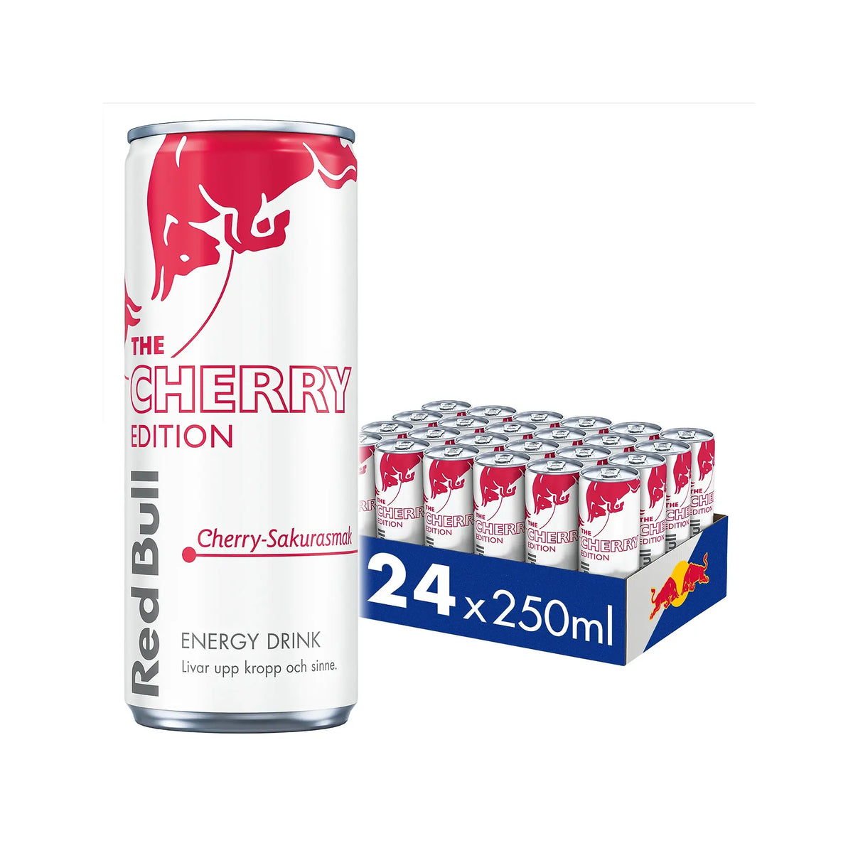 24 x Red Bull 250 ml Spring Edition Cherry-Sakura sinisessä laatikossa valkoisia ja pinkkejä energiajuomatölkkejä., kuva 1/1