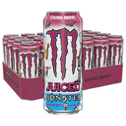 24 x Monster Energy 500 ml Viking Berry energidryck i ett mörkrosa flak med rosa och ljusblå burkar.