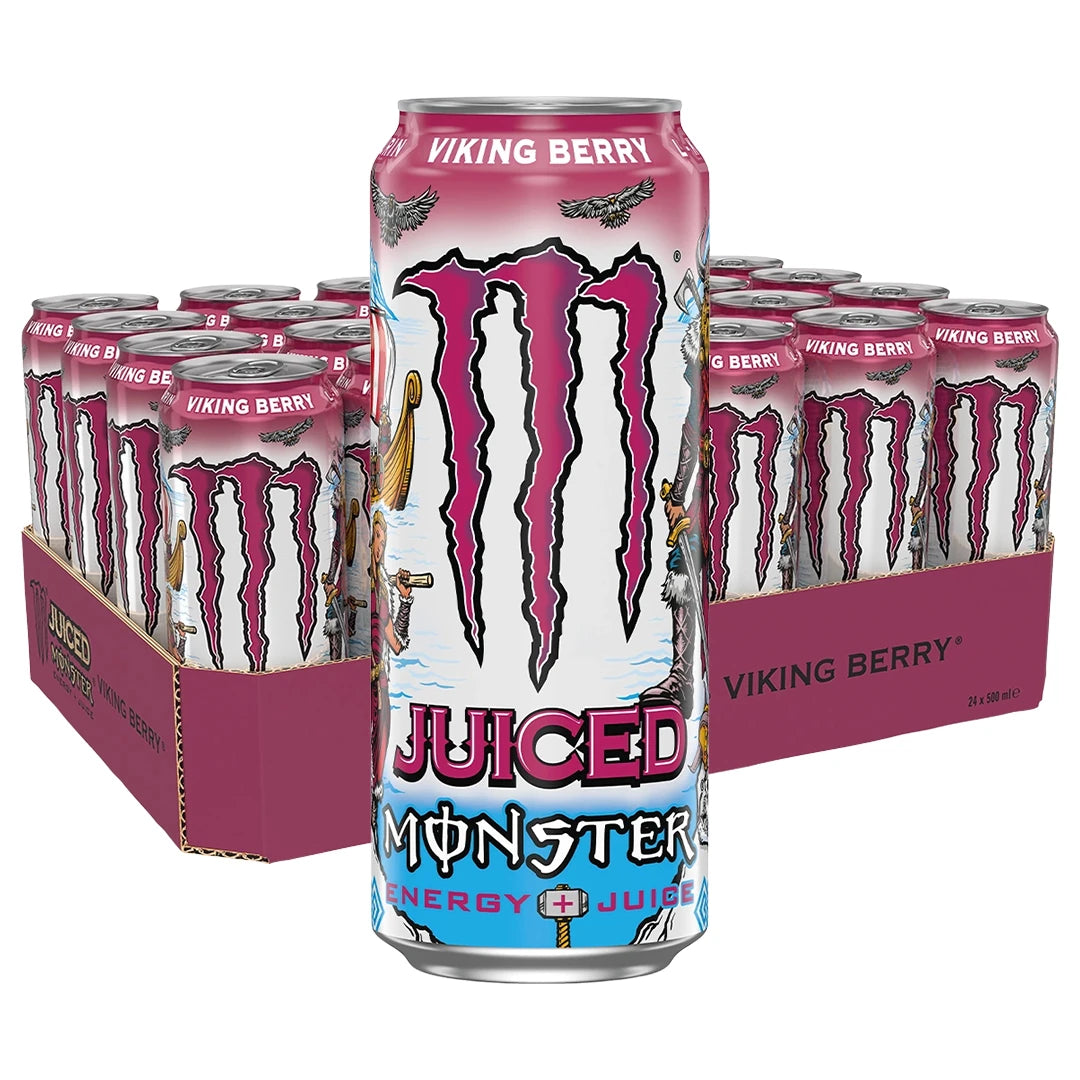 24 x Monster Energy 500 ml Viking Berry tummanroosassa lavassa, jossa on pinkkejä ja vaaleansinisiä energiajuomatölkkejä., kuva 1/1