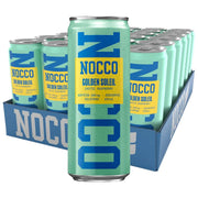 24 x NOCCO Golden Soleil 330 ml i ett blått flak fyllt med ljusgröna energidrycksburkar med blå och gula detaljer.