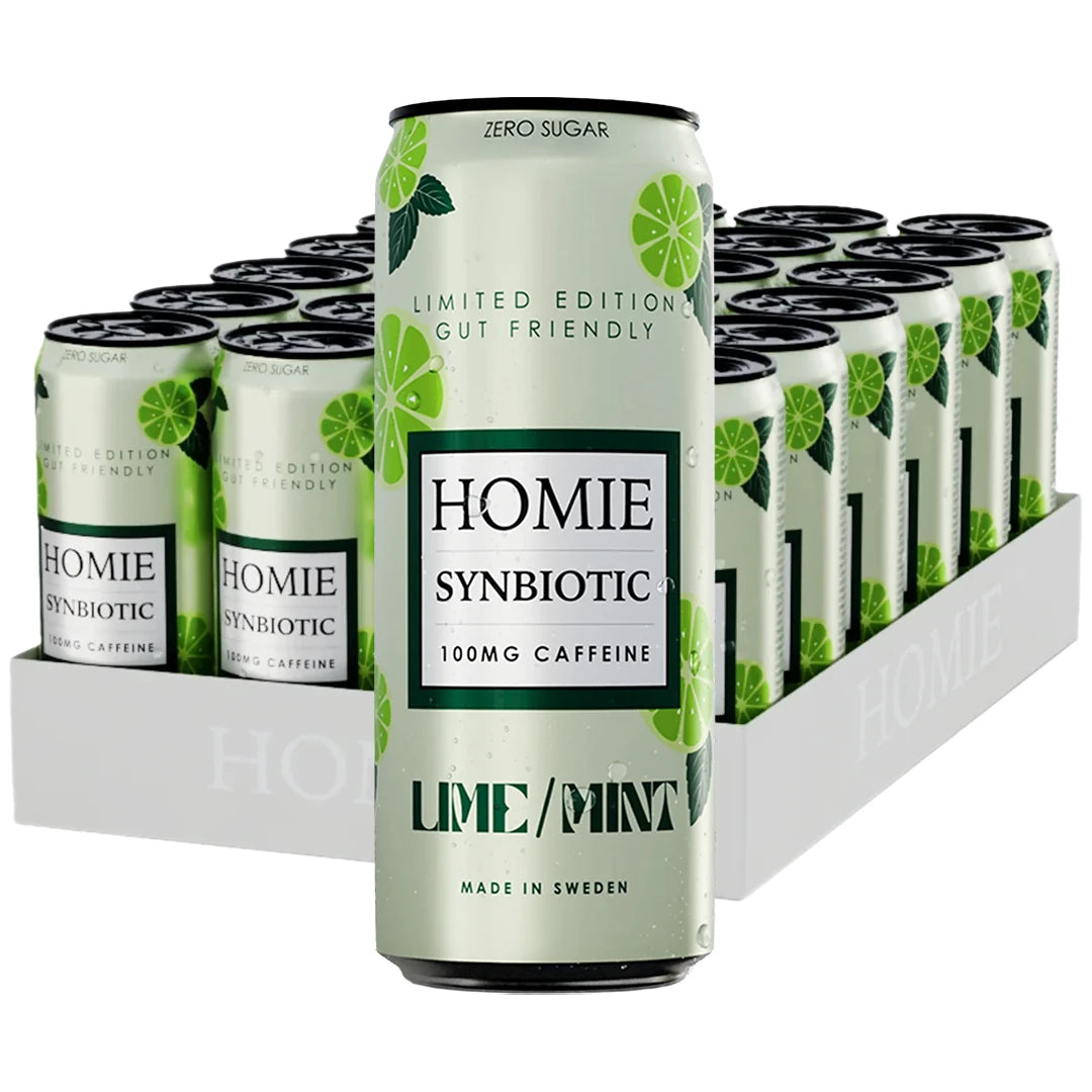 24 x Homie Wake Up Synbiotic 330 ml Lime/Mint valkoisessa laatikossa vaaleanvihreitä tölkkejä limenviipaleilla., kuva 1/1