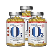 3 x BioSalma Omega-3 Forte 70% 1000 mg 132 caps kolmessa läpinäkyvässä, hopeakantisessa purkissa keltaisilla kapseleilla.