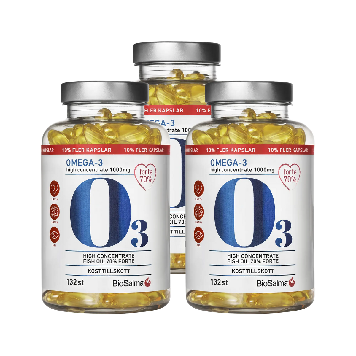 3 x BioSalma Omega-3 Forte 70% 1000 mg 132 caps kolmessa läpinäkyvässä, hopeakantisessa purkissa keltaisilla kapseleilla., kuva 1/1