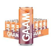 24 x GAAM Energy 330 ml Mango Passion -energiajuoma lavassa oranssi-violeteissa tölkeissä.