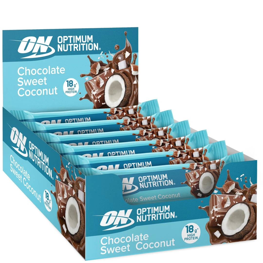 12 x Optimum Nutrition Chocolate Protein Bar 59 g Sweet Coconut vaaleansinisessä laatikossa suklaa- ja kookoskuvioilla., kuva 1/1