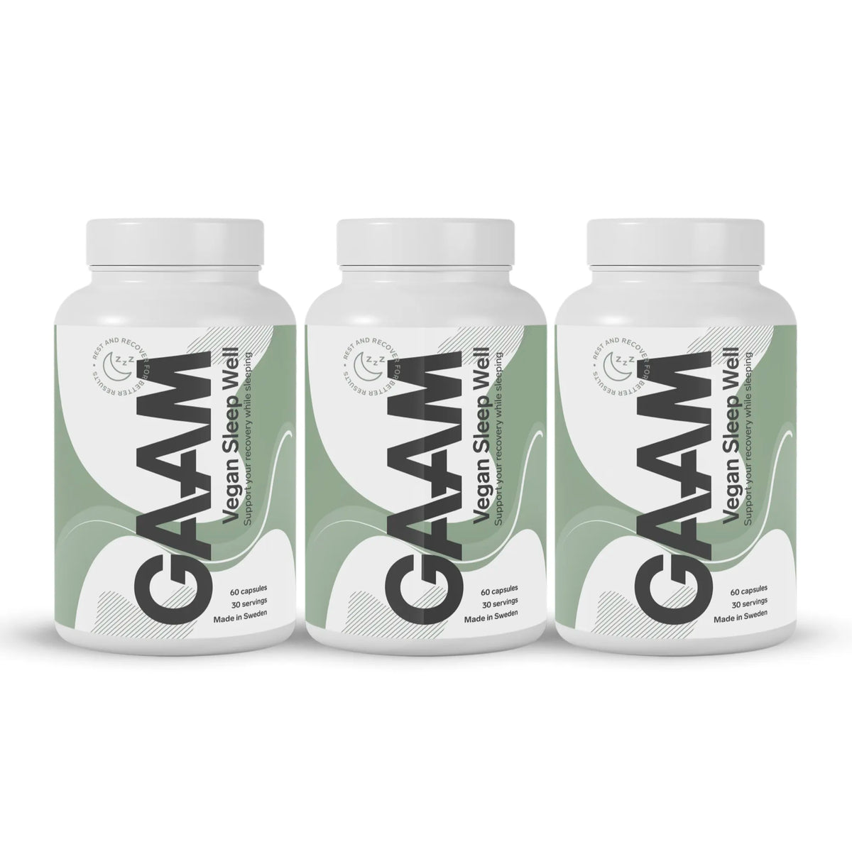 GAAM Vegan Sleep Well 180 caps kolmessa valkoisessa purkissa, joiden etiketissä on vihreitä kuvioita., kuva 1/1