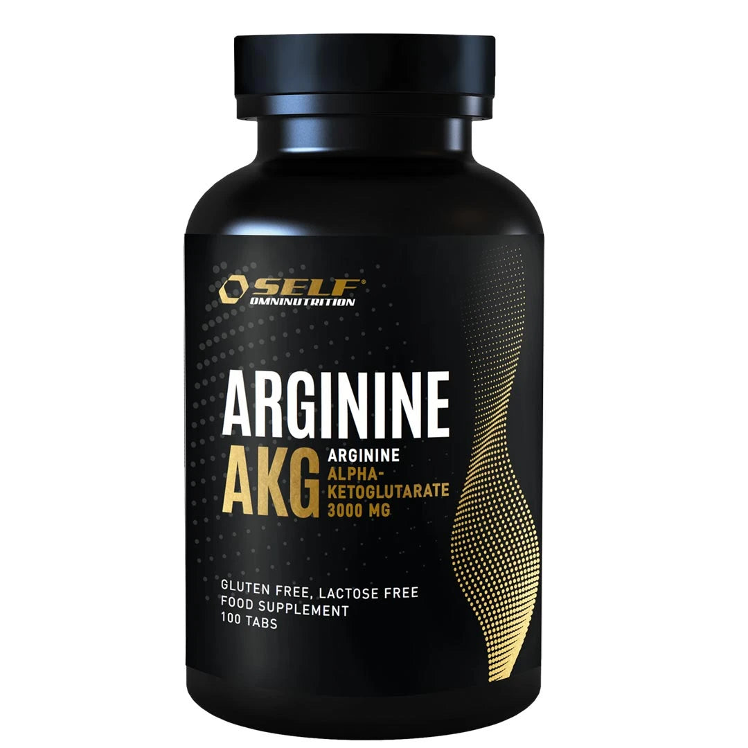 Self Omninutrition Arginine AKG 100 tabs -ravintolisätabletit mustassa purkissa kultaisilla yksityiskohdilla., kuva 1/1