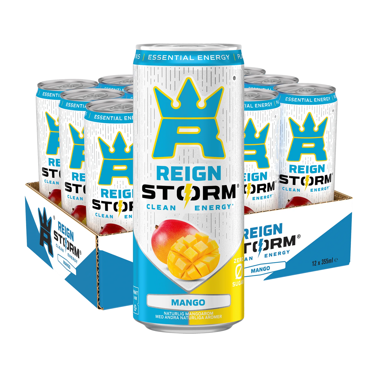 12 x Reign Storm Energy 355 ml Mango sinivalkoisessa laatikossa, jossa on yhteensopivat valkoiset tölkit., kuva 1/1