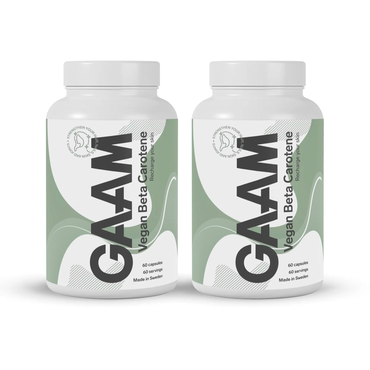 2 x GAAM Vegan Beta carotene 60 caps -ravintolisä kahdessa valkoisessa purkissa vihreillä yksityiskohdilla., kuva 1/1