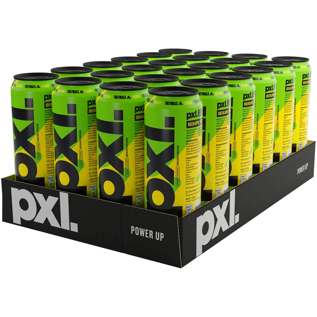 24 x PXL Energy 500 ml Sour Core mustassa laatikossa vaaleanvihreillä energiajuomatölkeillä ja mustalla tekstillä., kuva 1/1