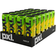 24 x PXL Energy 500 ml Sour Core mustassa laatikossa vaaleanvihreillä energiajuomatölkeillä ja mustalla tekstillä.