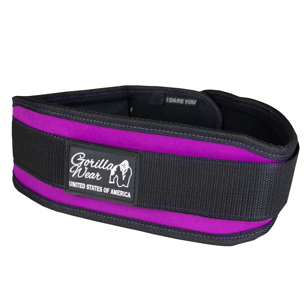 Gorilla Wear 4 Inch Women's Lifting Belt Black/Purple, ett svart och lila lyftarbälte i nylon med kardborre., bild 4 av 4