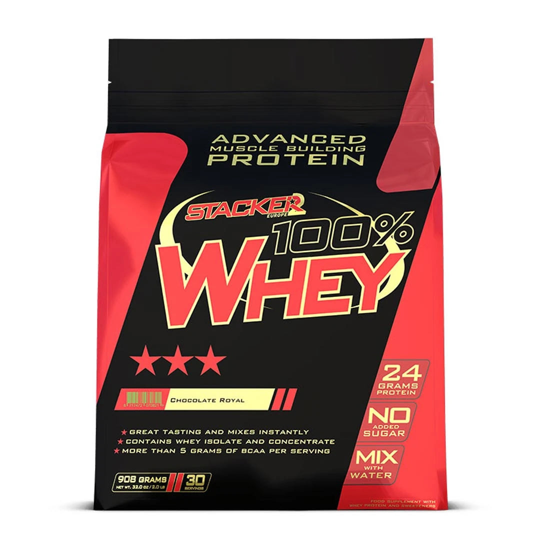 Stacker2 100% Whey 908 g -proteiinijauhe punamustassa pussissa, makuna Chocolate Royal., kuva 1/1