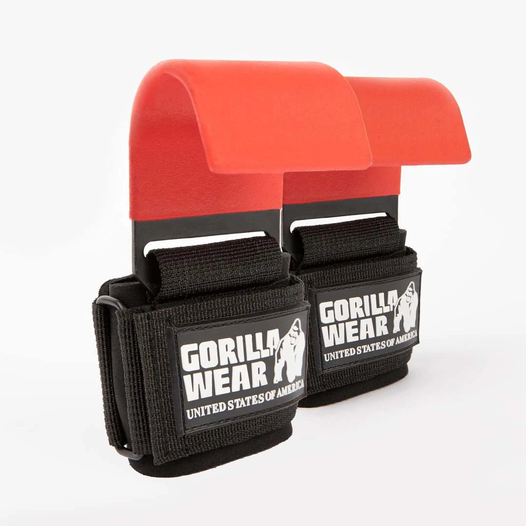 Gorilla Wear Weight Lifting Hooks Black/Red mustilla nailonisilla rannehihnoilla ja leveillä punaisilla teräskoukuilla., kuva 1/1