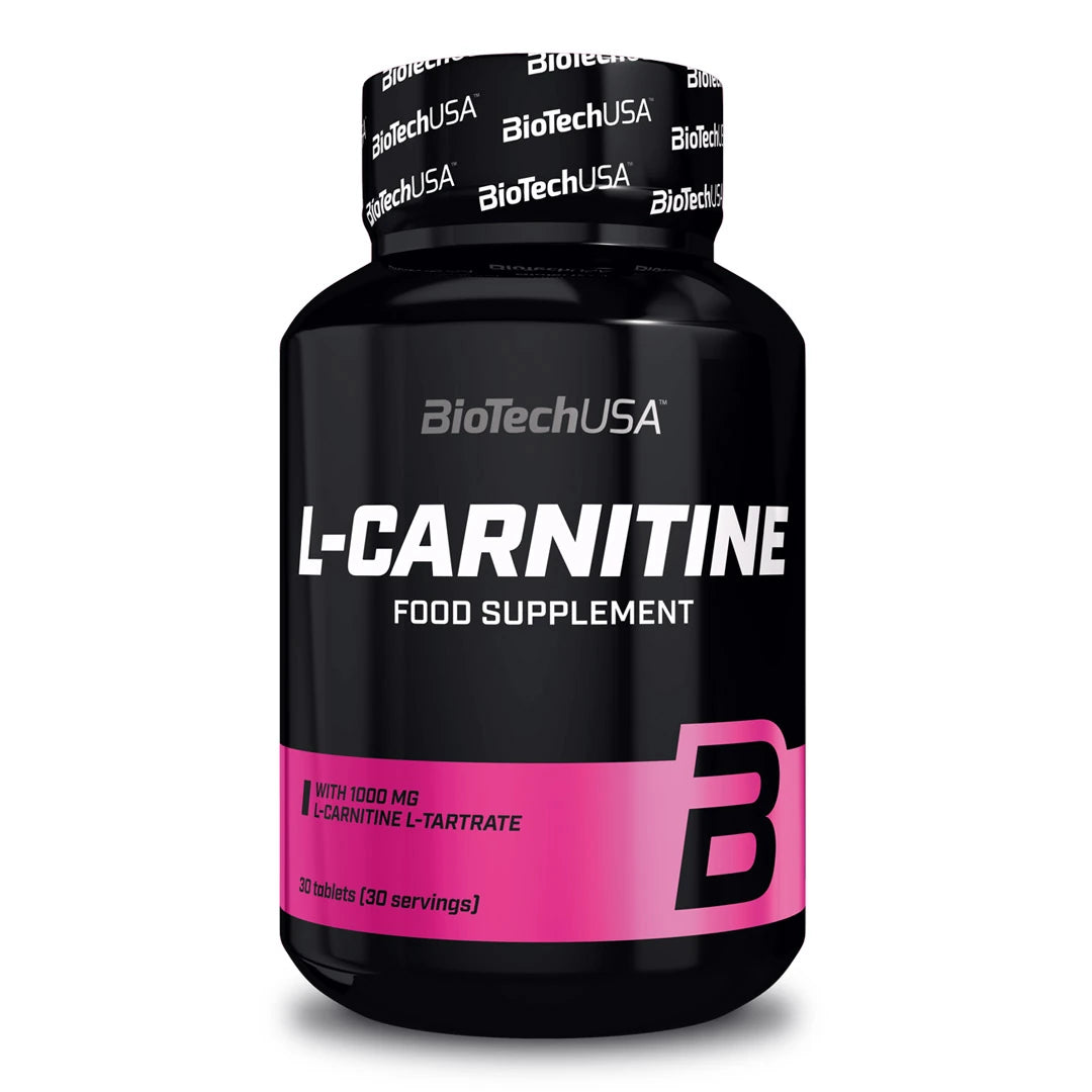 BioTechUSA L-Carnitine 1000 60 caps -ravintolisä mustassa purkissa vaaleanpunaisilla ja valkoisilla yksityiskohdilla., kuva 1/1